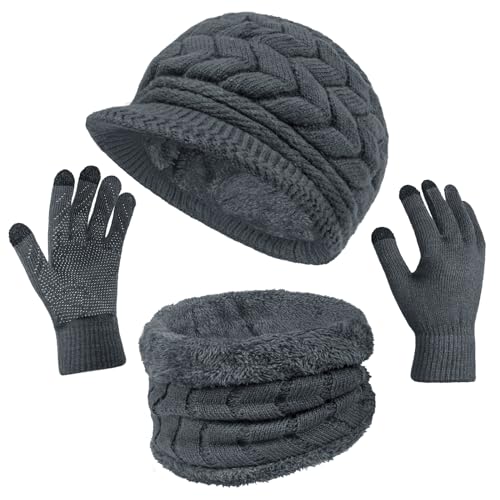 Loritta 3 in 1 Womens Winter Hat Gloves Scarf Set, Warm Hat Mittens - color: Dark Grey