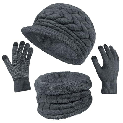 Loritta 3 in 1 Womens Winter Hat Gloves Scarf Set, Warm Hat Mittens - color: Dark Grey