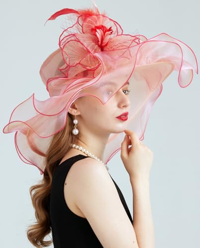 Women's Organza Church Kentucky Hat Fascinato Wedding Cocktail Tea Party Derby Hats Sun Hat - color: 04-pink Orange