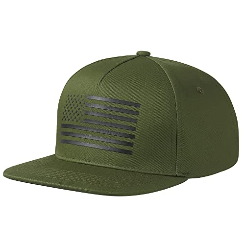 UALON Baseball Cap, Snapback Trucker Hat for Men & Women with American Flag and Adjustable, Breathable Mesh, Flat Bill Hats - color: Olive