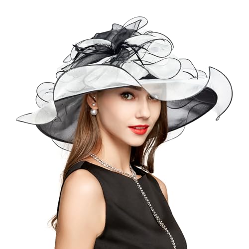 2026 Derby Hat, Classy Sun Hats for Women Ladies, Organza Feather Kentucky Fascinator for Tea Party Church UV Protection - color: D2867-black+white