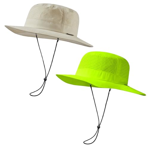 UPF 50+ Bucket Sun Hat with Laser Perforated Mesh Cooling Adjustable Breathable Lightweight for Outdoor Men Women - color: Beige & Fluorescent Yellow