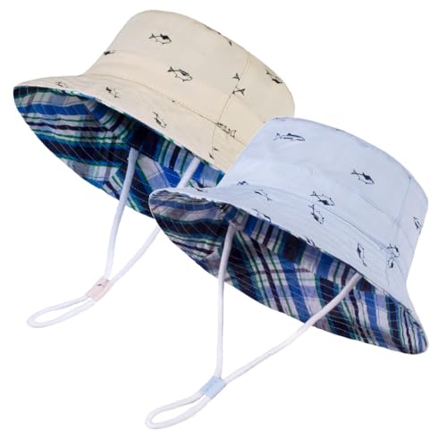 LANGZHEN Sun Protection Hat for Kids Toddler Boys Girls Wide Brim Summer Outdoor hat Cotton Baby Bucket Hat with Chin Strap - color: Blue Fish+beige Fish, size: 6-12 Months