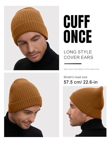 vidsel 50% Wool Double Cuff Beanie Hat for Men Women, Warm Winter Knit Cap - color: Golden Brown