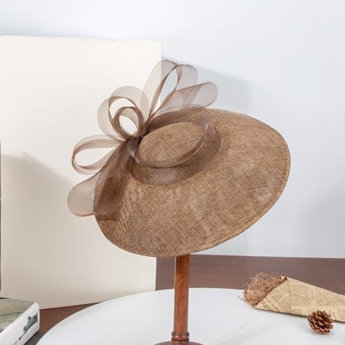 Elegant Wide Brim Fascinator Hat for Women, Detachable Headband & Clip - color: Dark Coffee