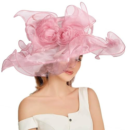Women Oganza Sun Hat Church Wide Brim Wedding Formal Fascinator Hat - color: Pink