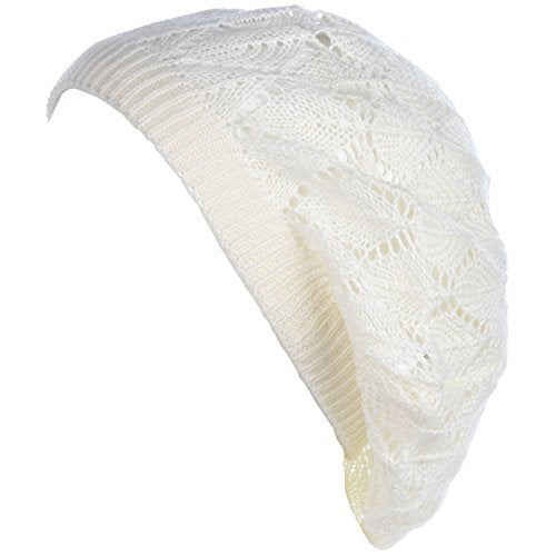 BYOS Chic Parisian Style Soft Lightweight Crochet Cutout Knit Beret Beanie Hat - color: 2-pack Leafy White & Black