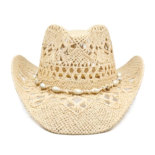Keilin Cowboy Hats for Women and Men - Straw Teardrop Western Cowgirl Cowboy Sun Hat for Teens and Adults - color: Beige Braided Sea Shell