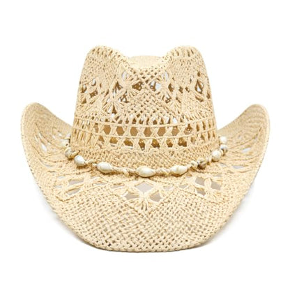 Keilin Cowboy Hats for Women and Men - Straw Teardrop Western Cowgirl Cowboy Sun Hat for Teens and Adults - color: Beige Braided Sea Shell