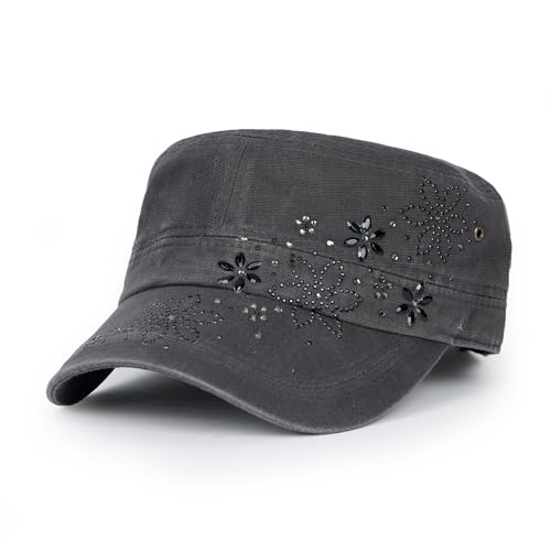 ililily Rhinestone Cotton Cadet Cap Vintage Distressed Cotton Military Army Hat - color: Dark Gray / Black
