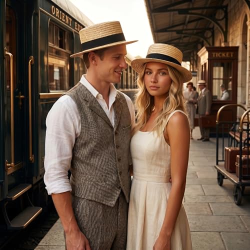 Straw Boater Hat for Men and Women, Flat Top Skimmer Hat for Amish Costumes - color: Black
