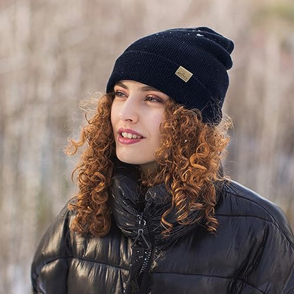 Mens Beanie Merino Wool Warm Hats for Women Men Knit Slouchy Double Layer Warm Cuffed Skull Beanie Skiing Skating Black
