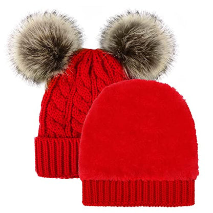Arctic Paw Pom Pom Beanie Cable Knit Fleece Lined Winter Beanie Women Hat - color: Red_twist