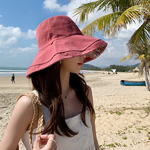 HUAMULAN Wide Brim Women Summer Sun Floppy Hat Reversible Beach Bucket Hat - color: M1744-jiuhong