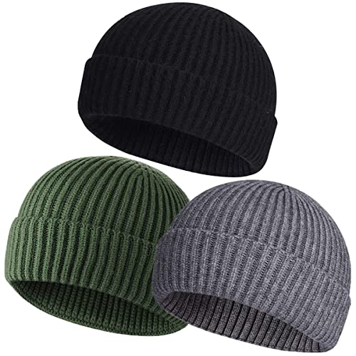 vidsel Wool Knit Cuff Short Fisherman Beanie for Men Women, Winter Warm Hat - color: Black, Gray, Green