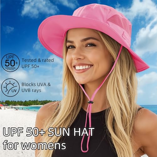 Connectyle Women's UPF 50+ Sun Hat UV Protection Wide Brim Bucket Hat Summer Beach Hats Fishing Hiking Outdoor Safari Hats - color: Hot Pink