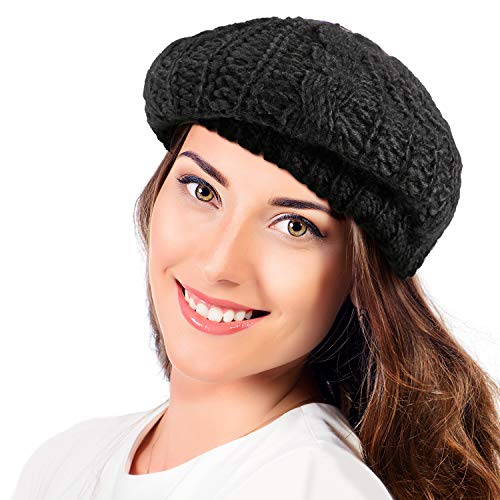 SATINIOR 2 Pcs Women Crochet Beret Solid Color Knit Beanie Hats Lightweight Ladies Slouchy French Beret Hats (Black, Beige)