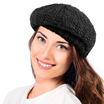 SATINIOR 2 Pcs Women Crochet Beret Solid Color Knit Beanie Hats Lightweight Ladies Slouchy French Beret Hats (Black, Beige)
