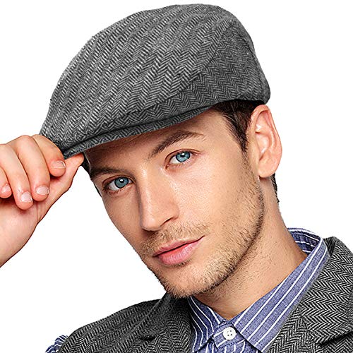Herringbone Flat Ivy Newsboy Cap for Men 1920s Wool Blend Tweed Cabbie Hat - color: 003 Grey, size: X-Large-XX-Large