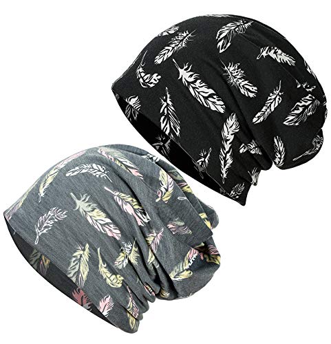 JarseHera Womens Slouchy Beanie Soft Chemo Headwear Breathable Cancer Caps - color: 2 Pair,feather-gray+black