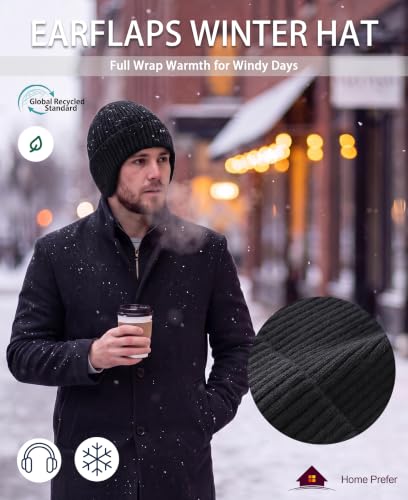 Home Prefer Fleece Lined Rib Knit Cuffed Beanie with Earflaps for Men Women - color: Black