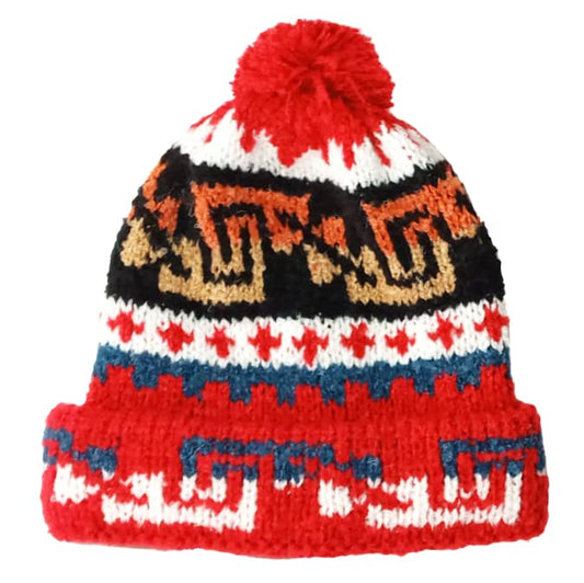 TINKUY Peru Alpaca Wool Winter Beanie, Handmade Bobble Hat, Unisex, One Size - color: Red