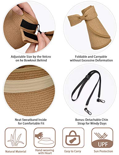 MAYLISACC Foldable Straw Sun Visors for Women, Sun Protecetion Wide Brim Sun Hats Adjustable Topless Beach Hat - color: Khaki