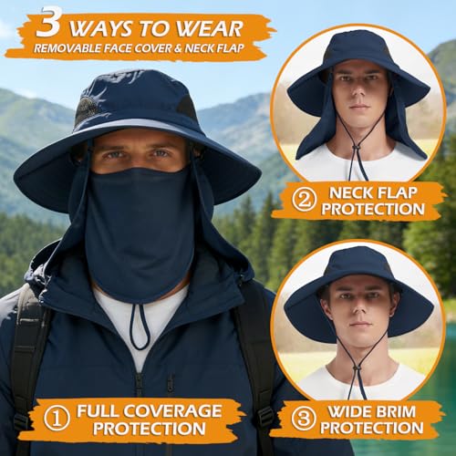 Wide Brim Sun Bucket Hat, Waterproof Boonie Hat for Men & Women - color: 07 Navy Blue (Full Coverage)