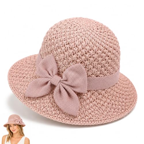 Elegant Woven Straw Sun Hat with Bow,Summer Beach Sun Straw Hats for Women,Wide Brim Packable Travel Bucket Hats,Summer Hats - color: Pink