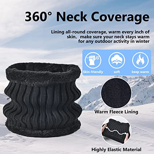 3 Pcs Women Winter Knit Beanie Hat Scarf Touchscreen Gloves Set Warm Soft Thick Fleece Lined Skull Cap with Double Pom Pom - color: Black