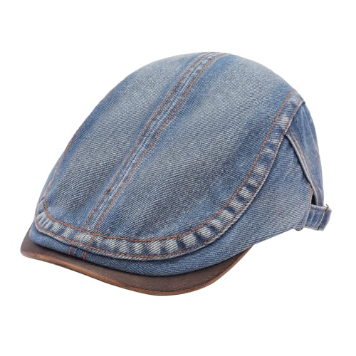 ZLYC Men Cotton Flat Cap Summer Scally Newsboy Beret Driver Hat - color: Denim Blue
