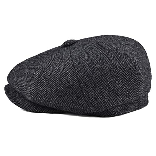 BOTVELA Men's 8 Panel Wool Blend Newsboy Flat Cap - color: Black, size: 7 1/8