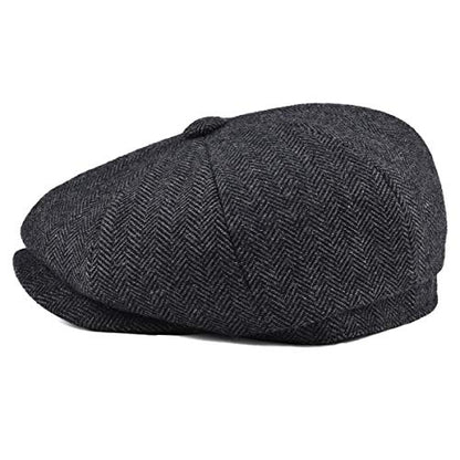 BOTVELA Men's 8 Panel Wool Blend Newsboy Flat Cap - color: Black, size: 7 1/8
