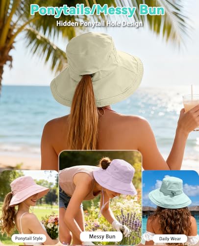 Rosoz Women Sun Hat with Ponytail Hole Wide Brim Bucket Hats UPF 50+ Beach Hiking Gardening Hat Water-Resistant Outdoot Hat - color: Pink