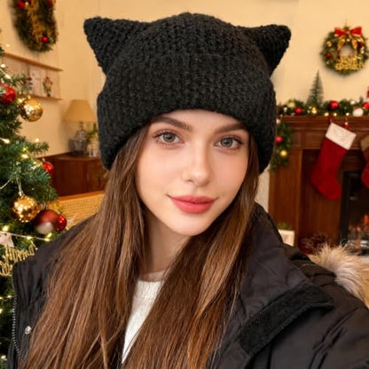 Avxdbr Black Cat Ear Beanies Warm Winter Soft Knit Hats for Women