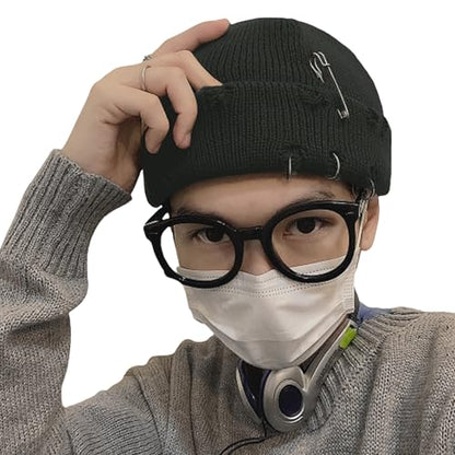 AIBEARTY Swag Short Fisherman Beanie for Men Women Rolled Cuff Beanie Skull Caps Wool Knit Winter Ski Hat with O Rings - color: Dark Green With Pin