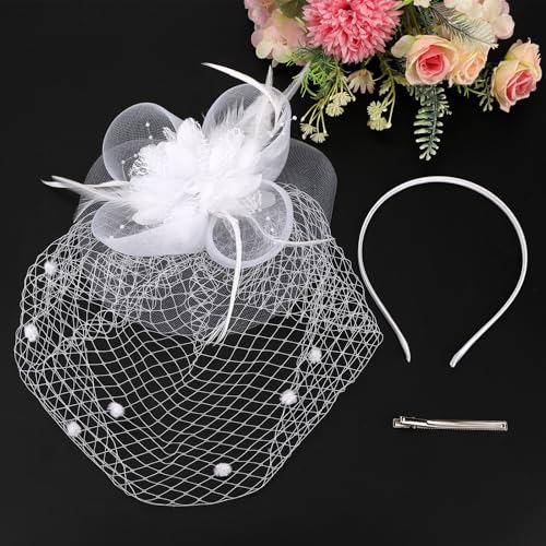 Semato Fascinators Hats for Women Mesh Feathers Elegant White Tea Party Kentucky Hat Derby Headband with Hair Clip - color: White