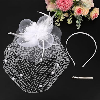 Semato Fascinators Hats for Women Mesh Feathers Elegant White Tea Party Kentucky Hat Derby Headband with Hair Clip - color: White