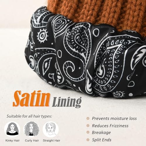 FURTALK Womens Winter Beanie Hat Satin Lined Faux Fur Pom Pom Beanies Hat for Women Winter Warm Knit Hats - color: Camel