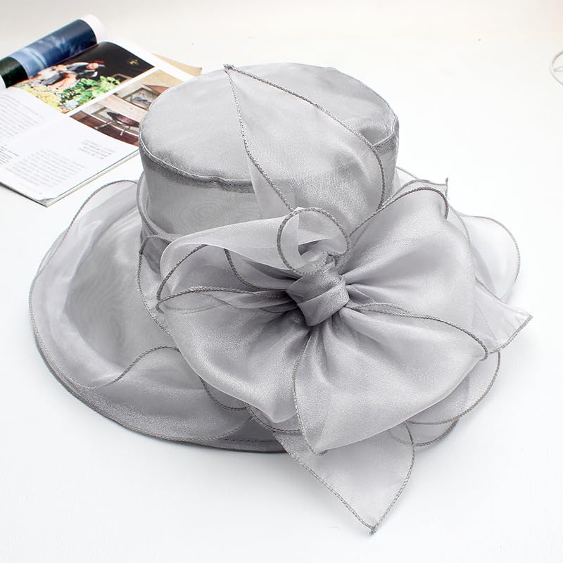 Z&X Organza Church Fascinator Wedding Tea Party Derby Hats for Women Flower Wide Brim Sun Hats - color: 037 Grey