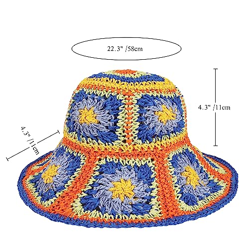 Womens Multicolor Floral Crochet Straw Sun Hat Wide Brim Summer Beach Hat - color: Blue