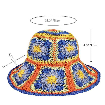 Womens Multicolor Floral Crochet Straw Sun Hat Wide Brim Summer Beach Hat - color: Blue