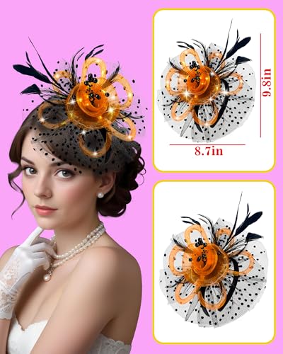 Women Fascinator Hats LED Light Up Headband for Tea Party Halloween Night Headwear Christmas Mardi Gras - color: Black Orange