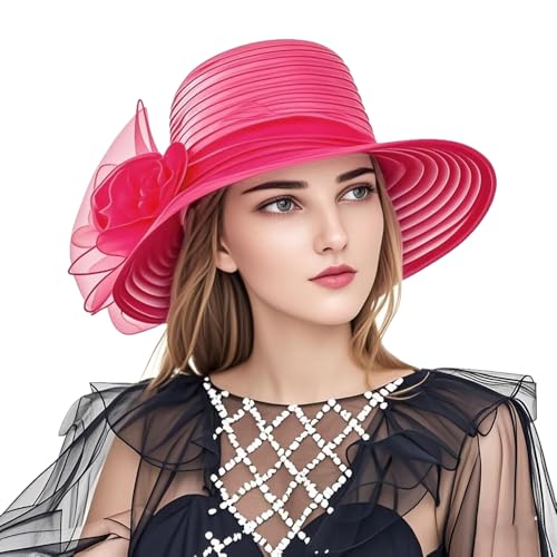Haoohu Women's Church Derby Hat Wide Brim Bow Bucket Hat Wedding Dress Hat Fascinator Bridal Tea Party Hat - color: Rose Red