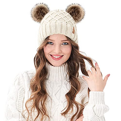 Arctic Paw Womens Winter Hat Cable Knit Beanie for Women Faux Fur Pompom Ears - color: Beige_grid