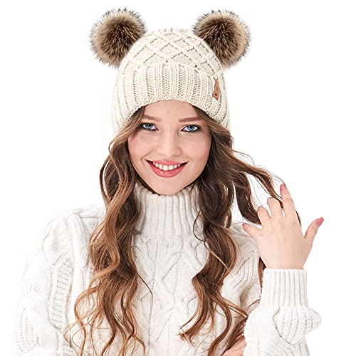 Arctic Paw Womens Winter Hat Cable Knit Beanie for Women Faux Fur Pompom Ears - color: Beige_grid