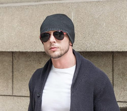 ZLYC Men Fashion Knit Fisherman Beanie Hat Winter Warm Thick Skull Cap - color: Plain Black