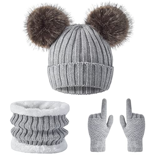 3 Pcs Women Winter Knit Beanie Hat Scarf Touchscreen Gloves Set Warm Soft Thick Fleece Lined Skull Cap with Double Pom Pom - color: Grey