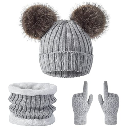 3 Pcs Women Winter Knit Beanie Hat Scarf Touchscreen Gloves Set Warm Soft Thick Fleece Lined Skull Cap with Double Pom Pom - color: Grey