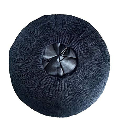 Women's Satin Lined Knitted Beret Ladies Winter Autumn Warm and Soft Beanie Hat Solid Color